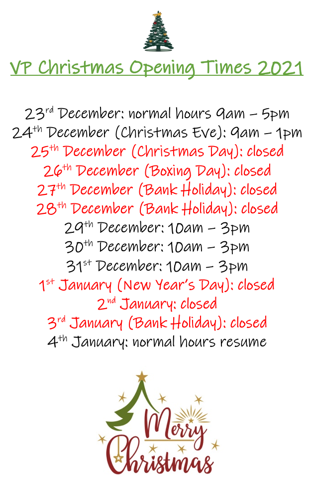 Christmas Opening Times for VP Limited